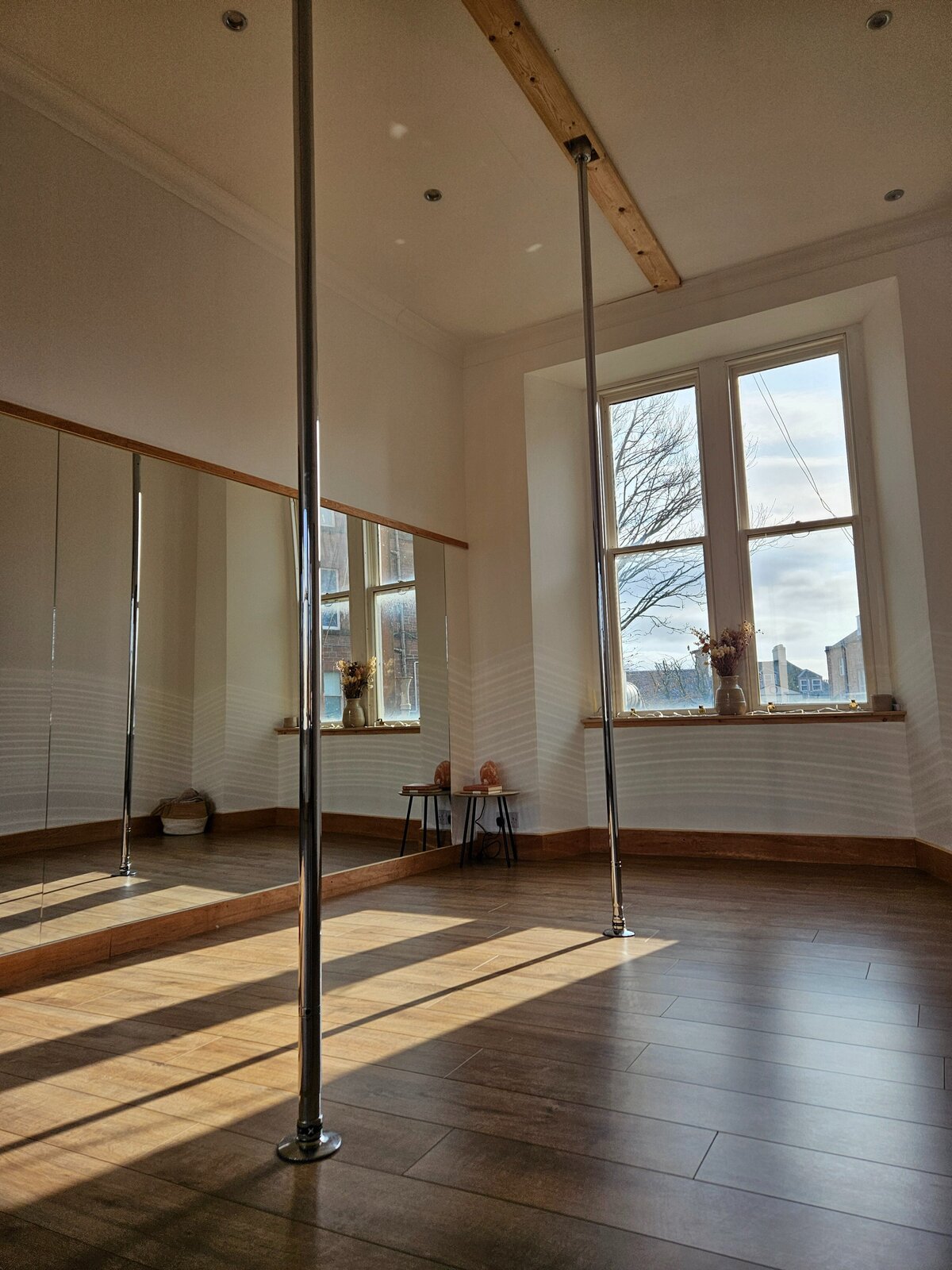 Pole Studio with beautiful sunlight beaming in through the windows and off the poles.
