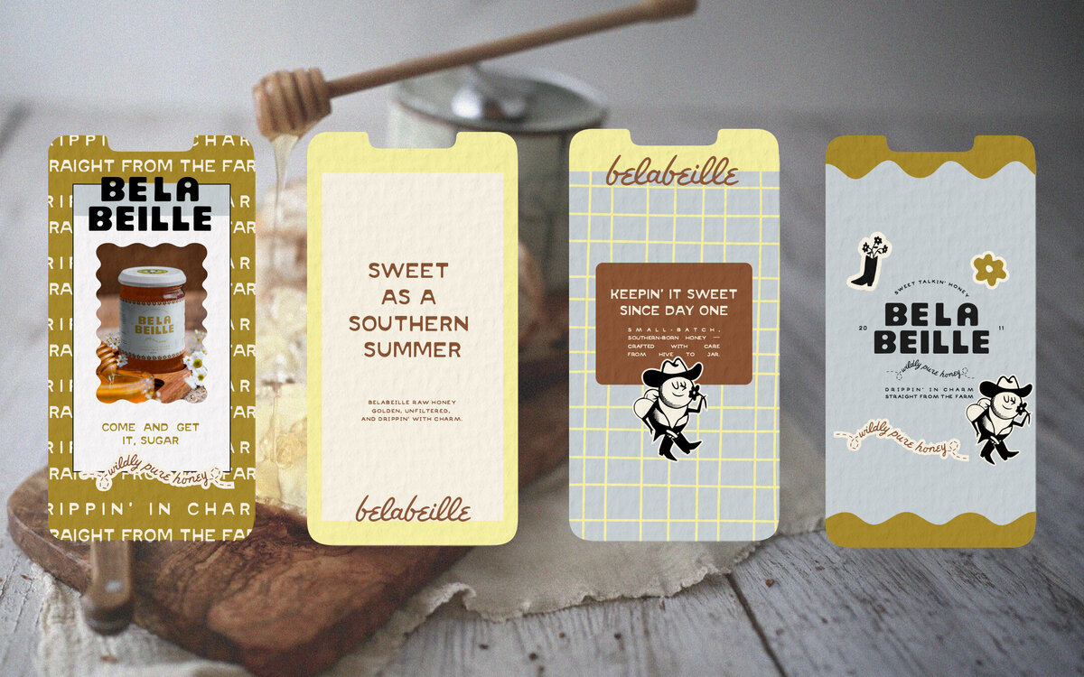 Belabeille’s honey branding, packaging, and logo design reflect a southern-inspired, adventurous personality for female founders. Strategic design ensures retail visibility, memorable customer experience, and a cohesive, professional brand identity.

Logo, packaging, and brand identity for Belabeille combine cowgirl-inspired visuals with bold, vibrant colors. Designed for women-led honey brands, the retail-ready branding creates a standout shelf presence and inspires customer trust.