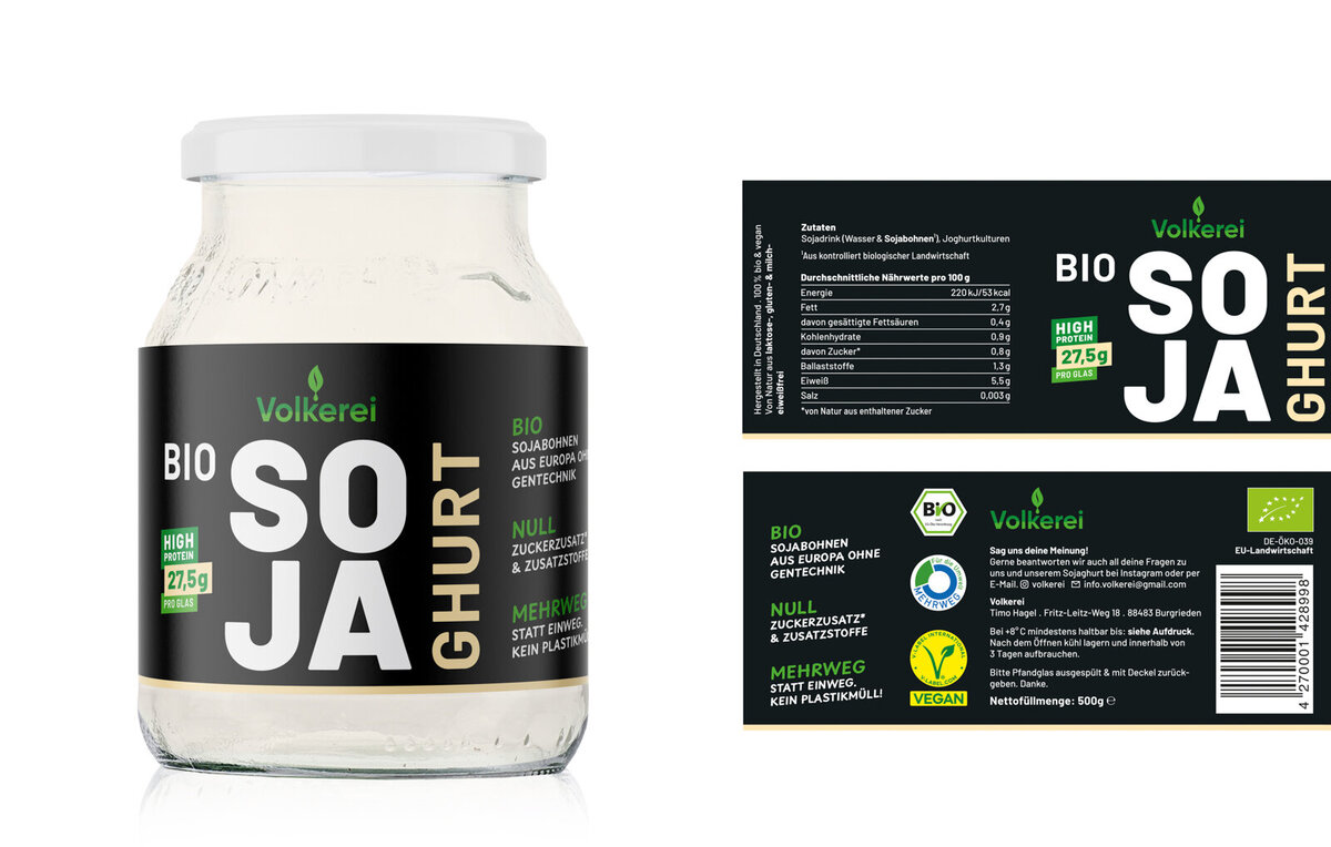Packaging Design für Volkerei Bio-Sojaghurt – Etikett mit Vorder- und Rückseite, gestaltet von studio bretz.