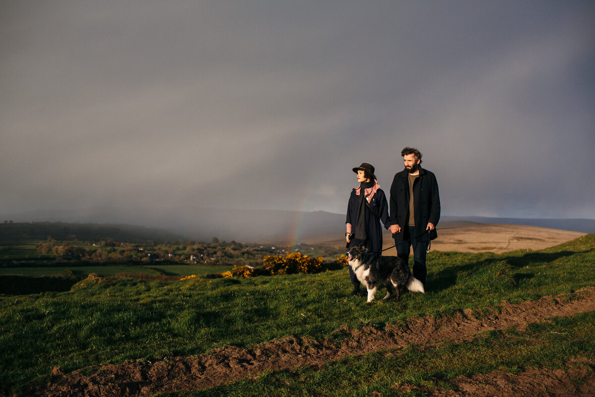 Dartmoor Couple with dog with a rainbow