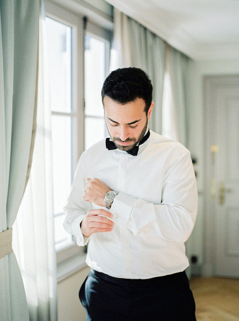 Elegant-Paris-wedding-groom-preps-Luxury-hotel