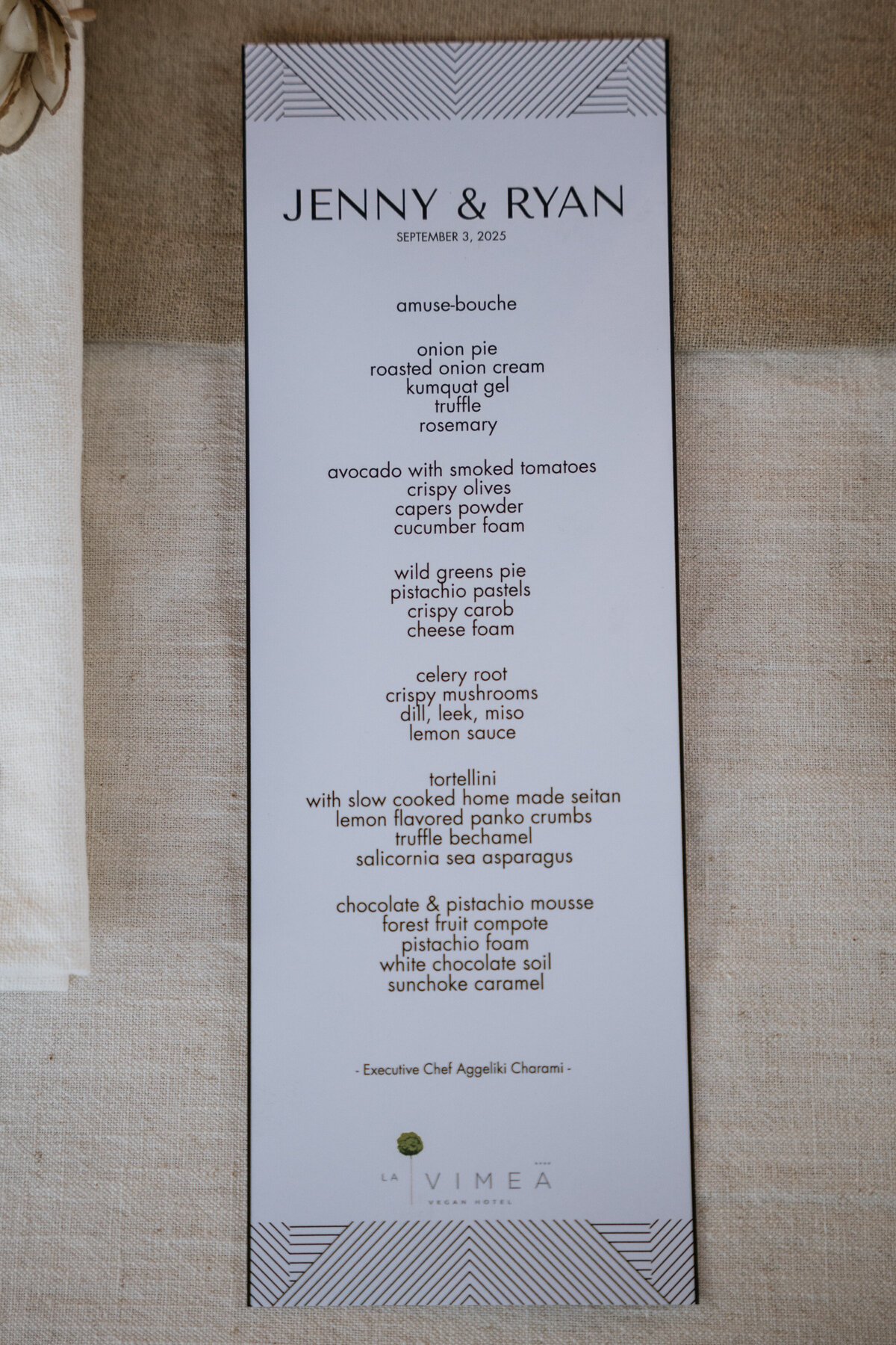 Wedding dinner menu at La Vimea vegan hotel