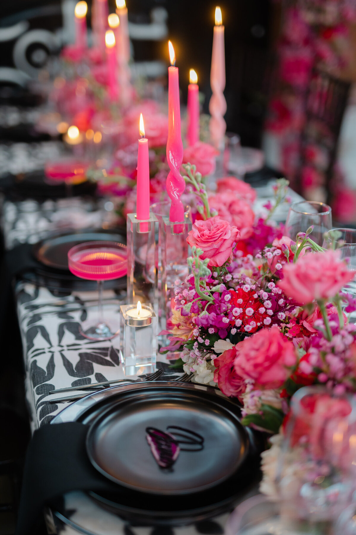 Black and pink wedding tablescape