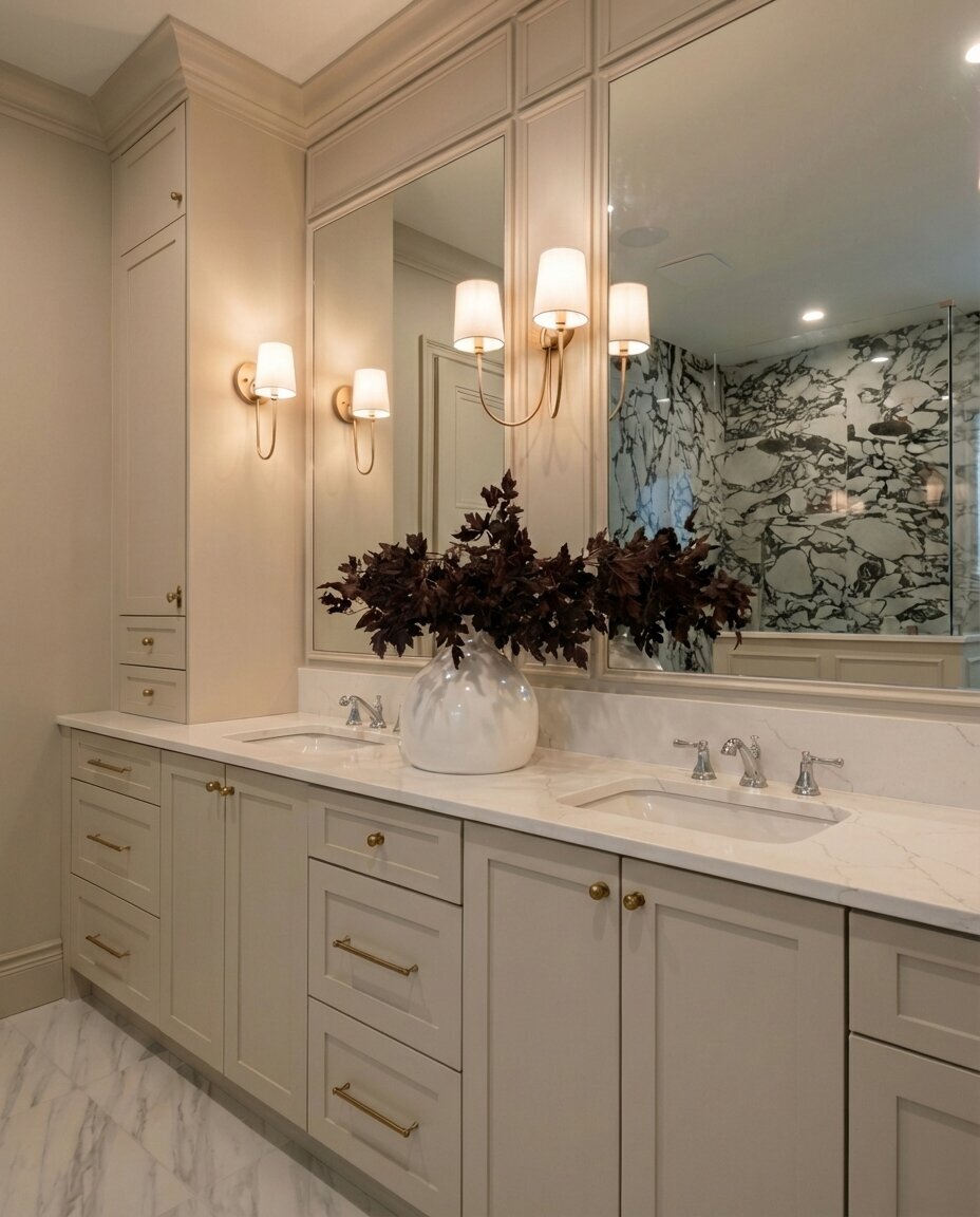 European-inspired primary bath with marble tile and unlacquered brass fittings by Bucklin Design Co.