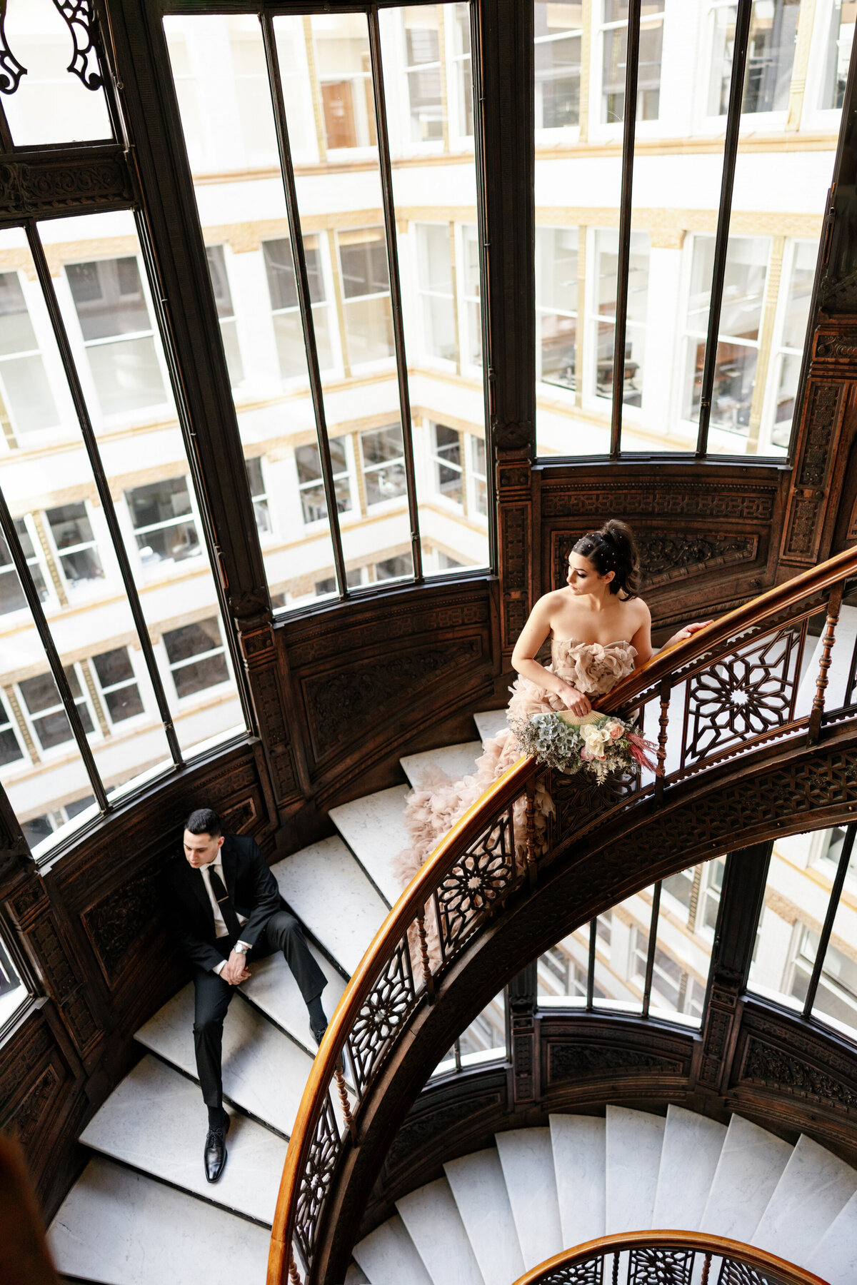 Aspen-Avenue-Chicago-Wedding-Photographer-Rookery-Engagement-Session-Histoircal-Stairs-Moody-Dramatic-Magazine-Unique-Gown-Stemming-From-Love-Emily-Rae-Bridal-Hair-FAV-21