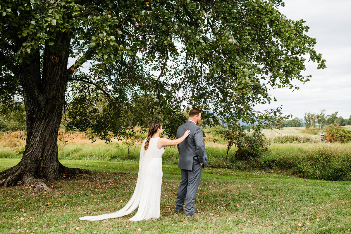 Virginia wedding photographer captures first look with bride holding her hand up to her grooms shoulder to tap him and get his attention as they stand under a large tree together with a pasture in the distance