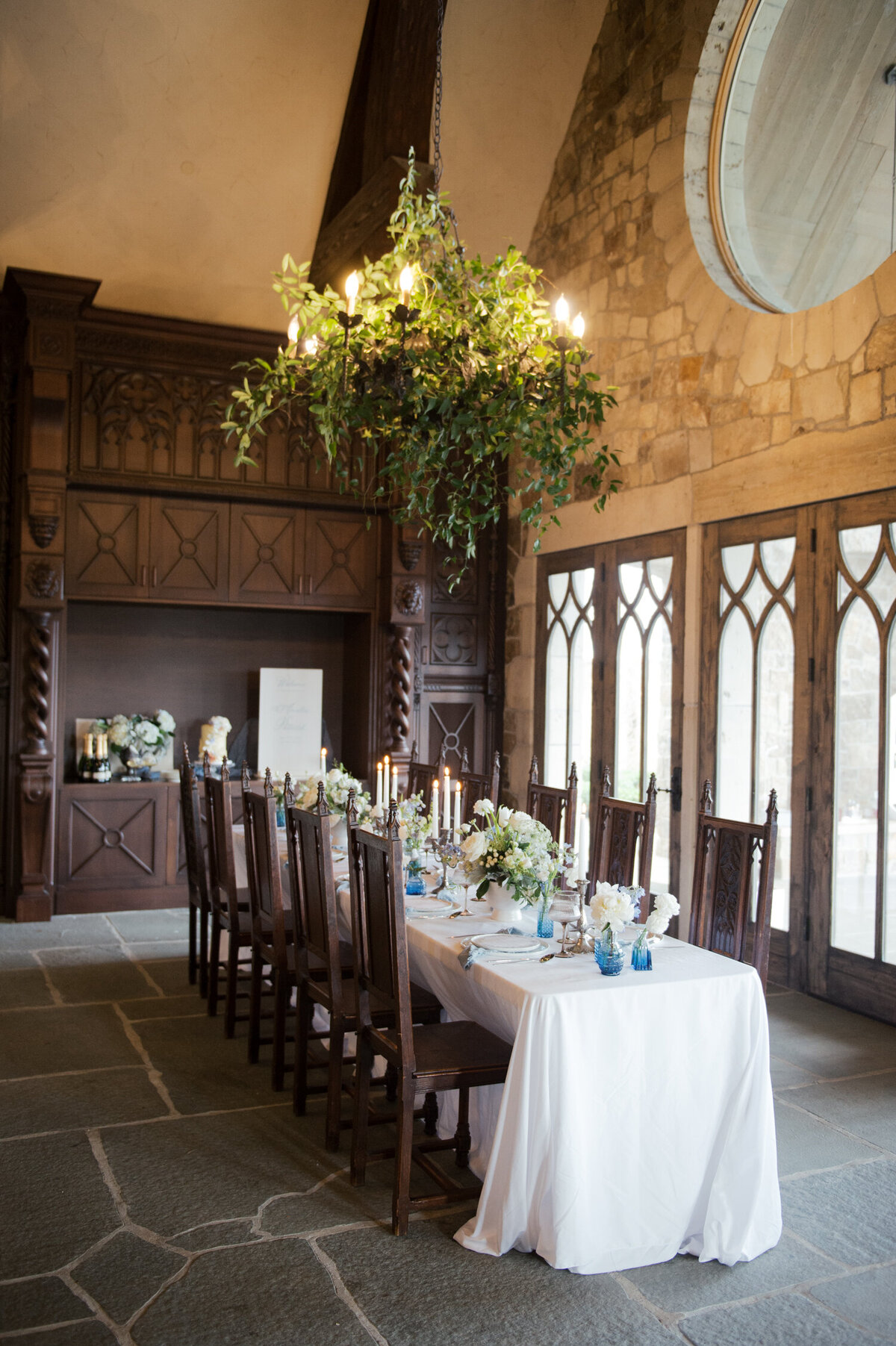 winter wedding tablescape at chateau de lis inside the main house