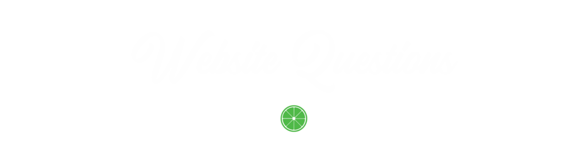 Text graphic that reads “Website Questions” with a small lime icon in bright green below the text and two white lines on either side of the lime.