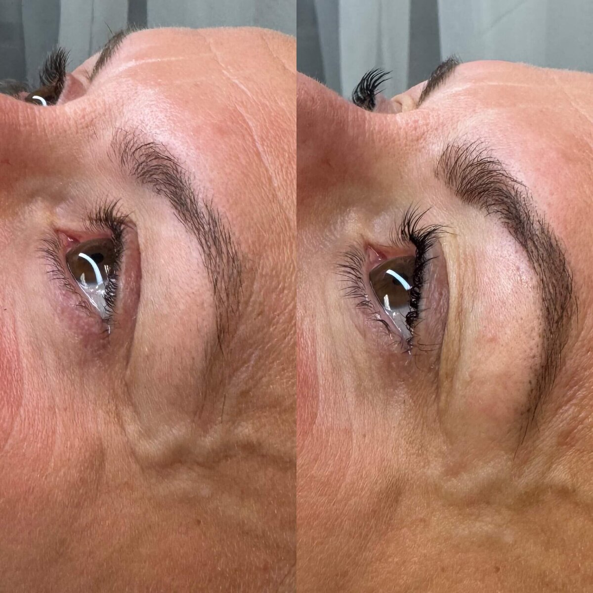Image of a woman's eyes and eyebrows showing the beautiful transformation after her brow lamination and lash lift