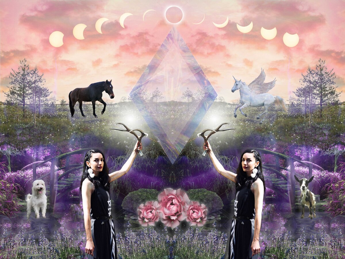 Animal Alchemy Collage Art with horse, unicorn, dog, goat and Alchemy Queen at the center holding deer antlers beneath the moon cycles. 