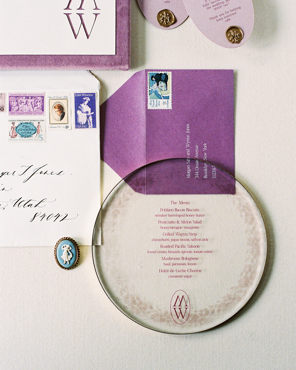Purple romantic touches with paper suite for wedding