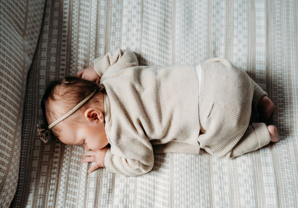 Newborn Photographer, a baby sleeps cozy on the couch