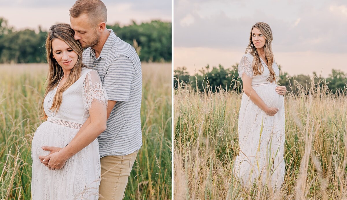 pregnant couple standing in tall wheat field