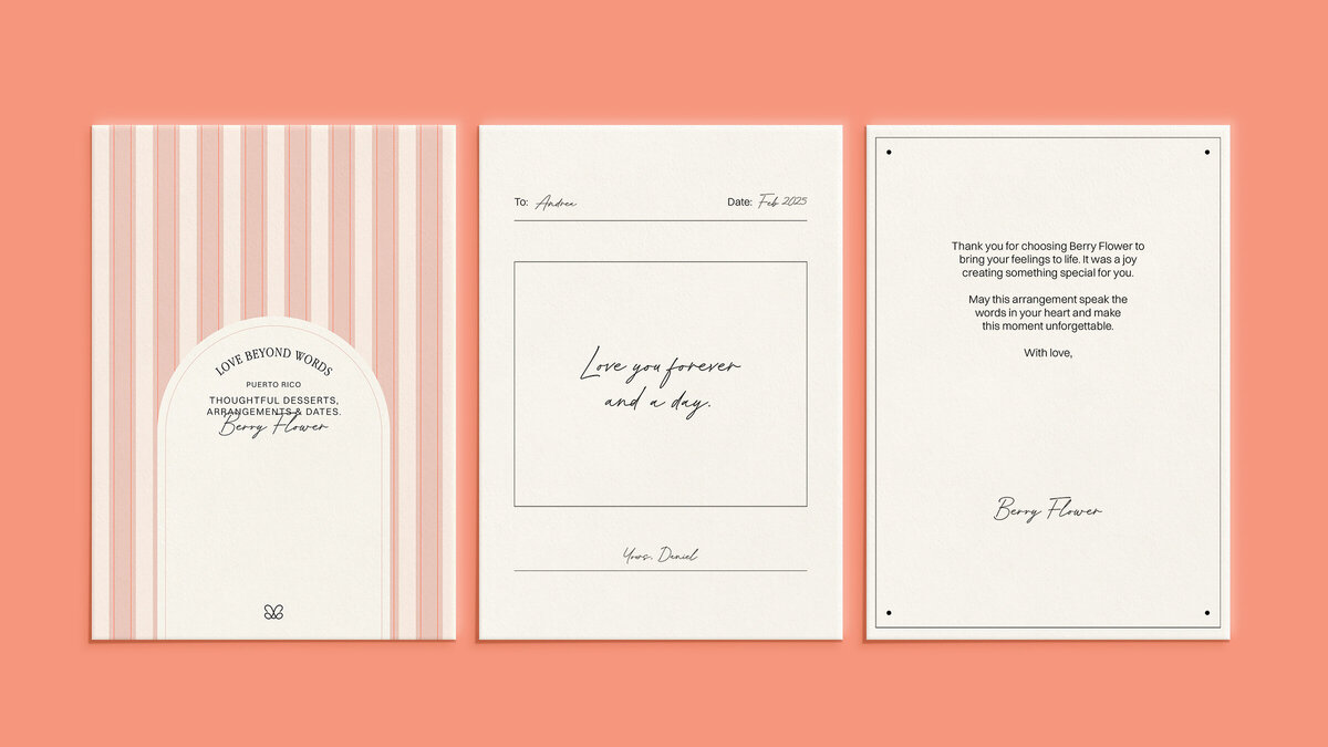 Timeless brand identity and packaging design for Berry Flower, featuring striped stationery and personalized message cards.