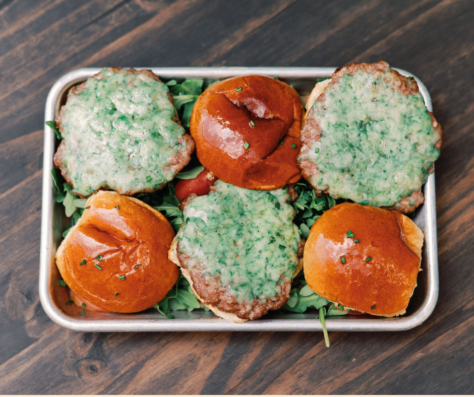 Derby Hat Sliders. Mini burgers with marbled cheese and the top buns off to see the color.