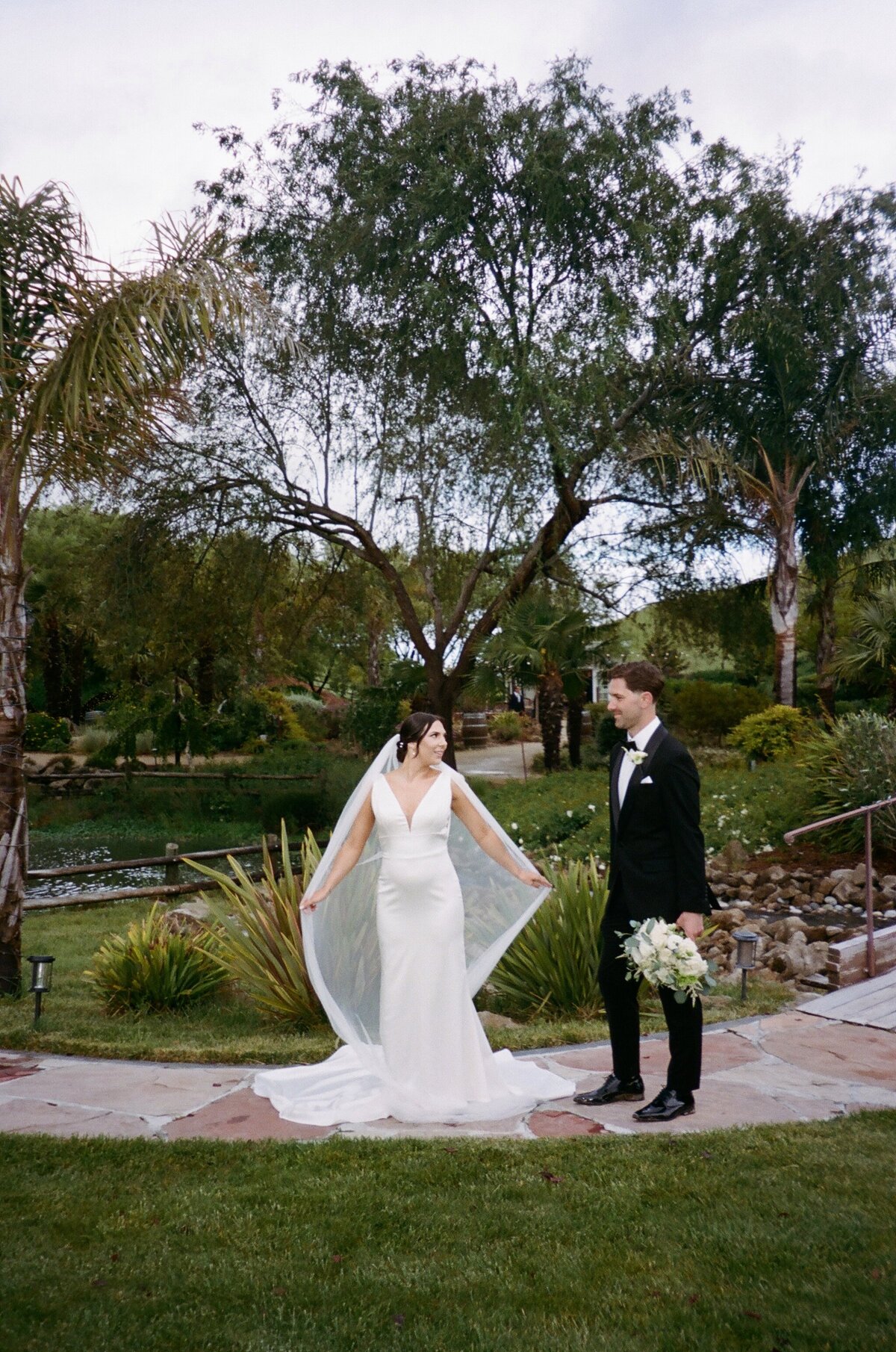First look, veil, black tux, white tea roses, round bouquet, pound, vineyard wedding, winery 