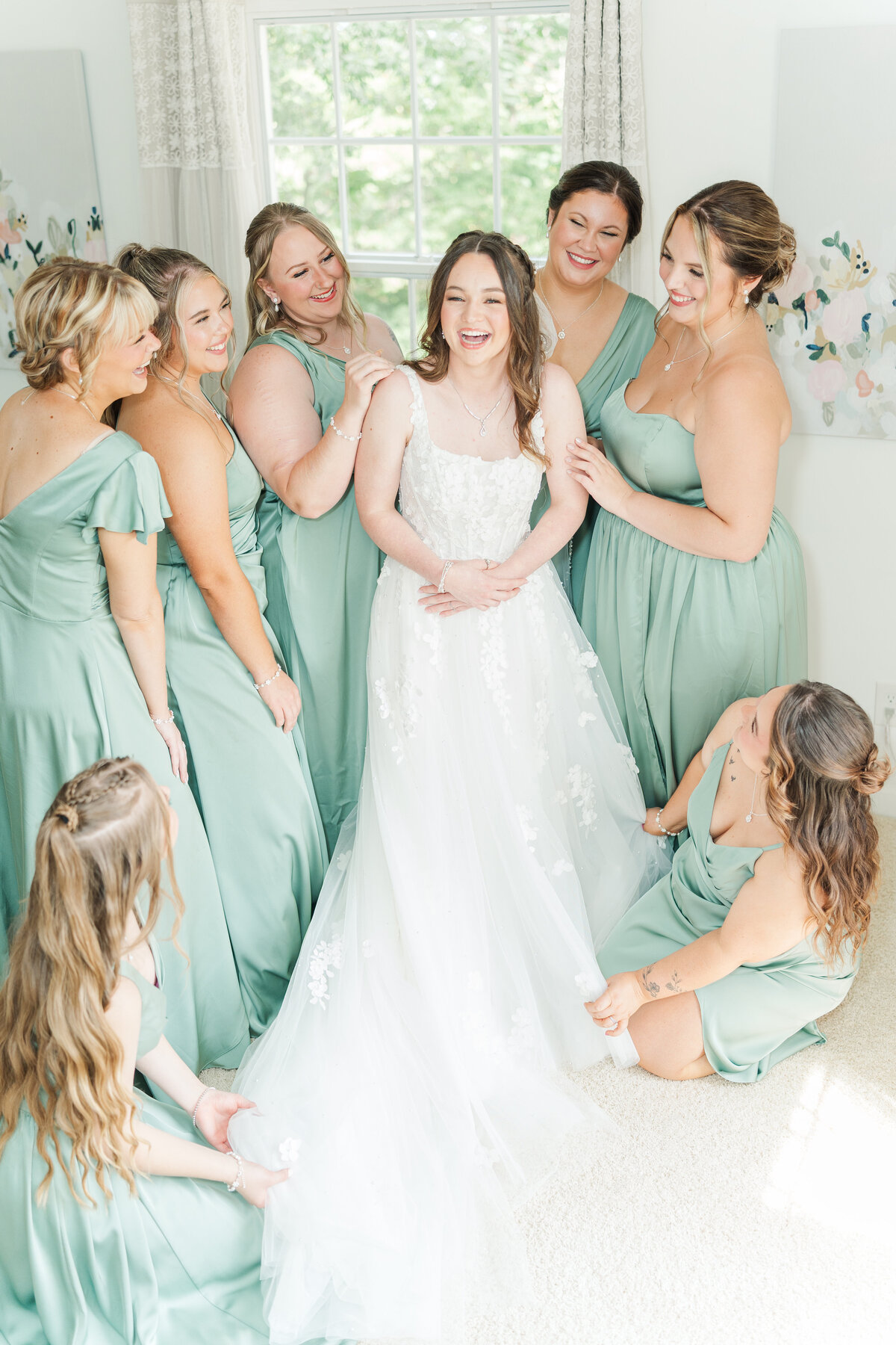 Bride surrounded by her bridesmaids at SC wedding