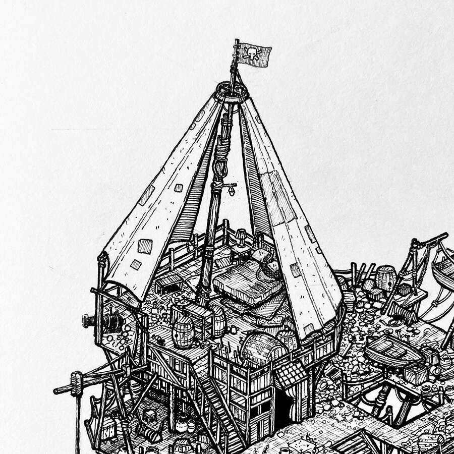 Close up of an illustration of the mast and sails creating a tent on a pirate stilt house