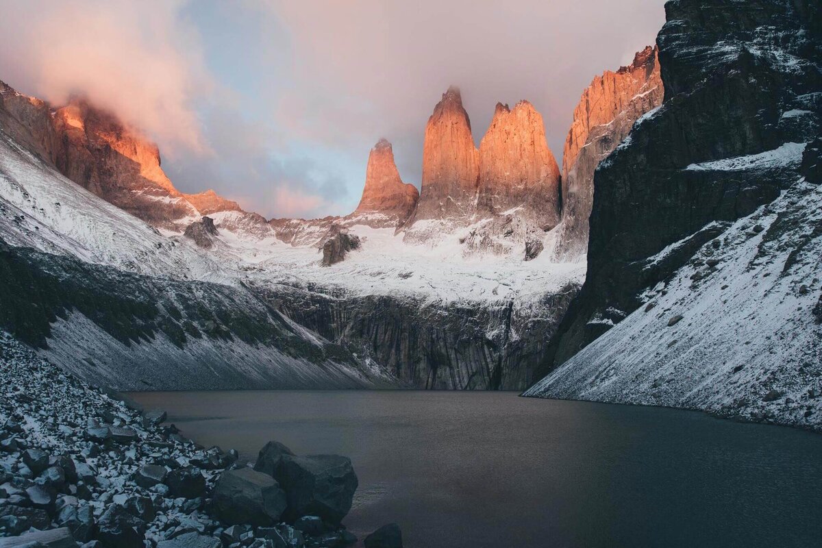 Patagonia Sunrise at Paine Massif base of the Towers while hiking the W-trek in Torres del Paine national park Chile