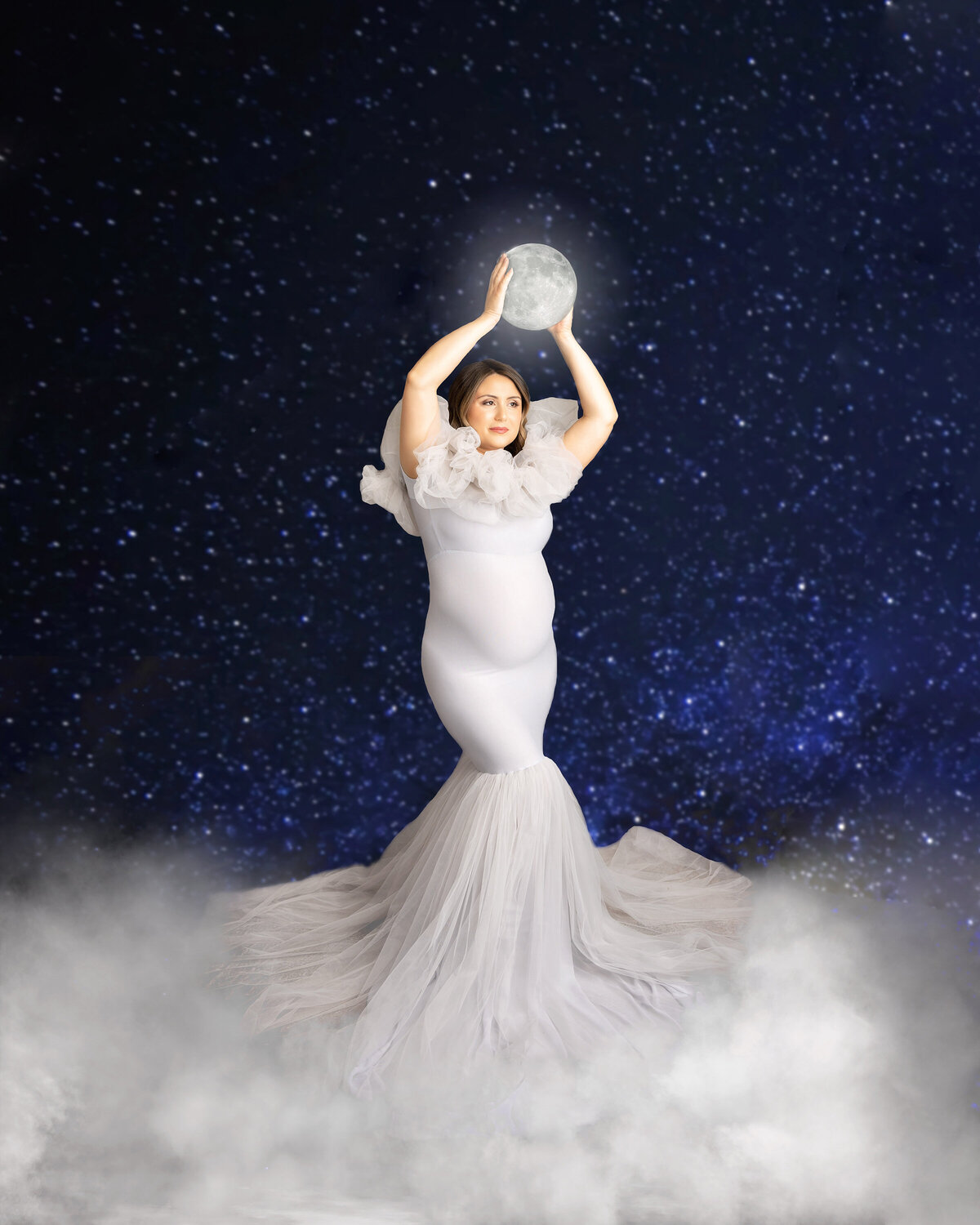 studio new orleans moon sky white clouds gray pregnant woman