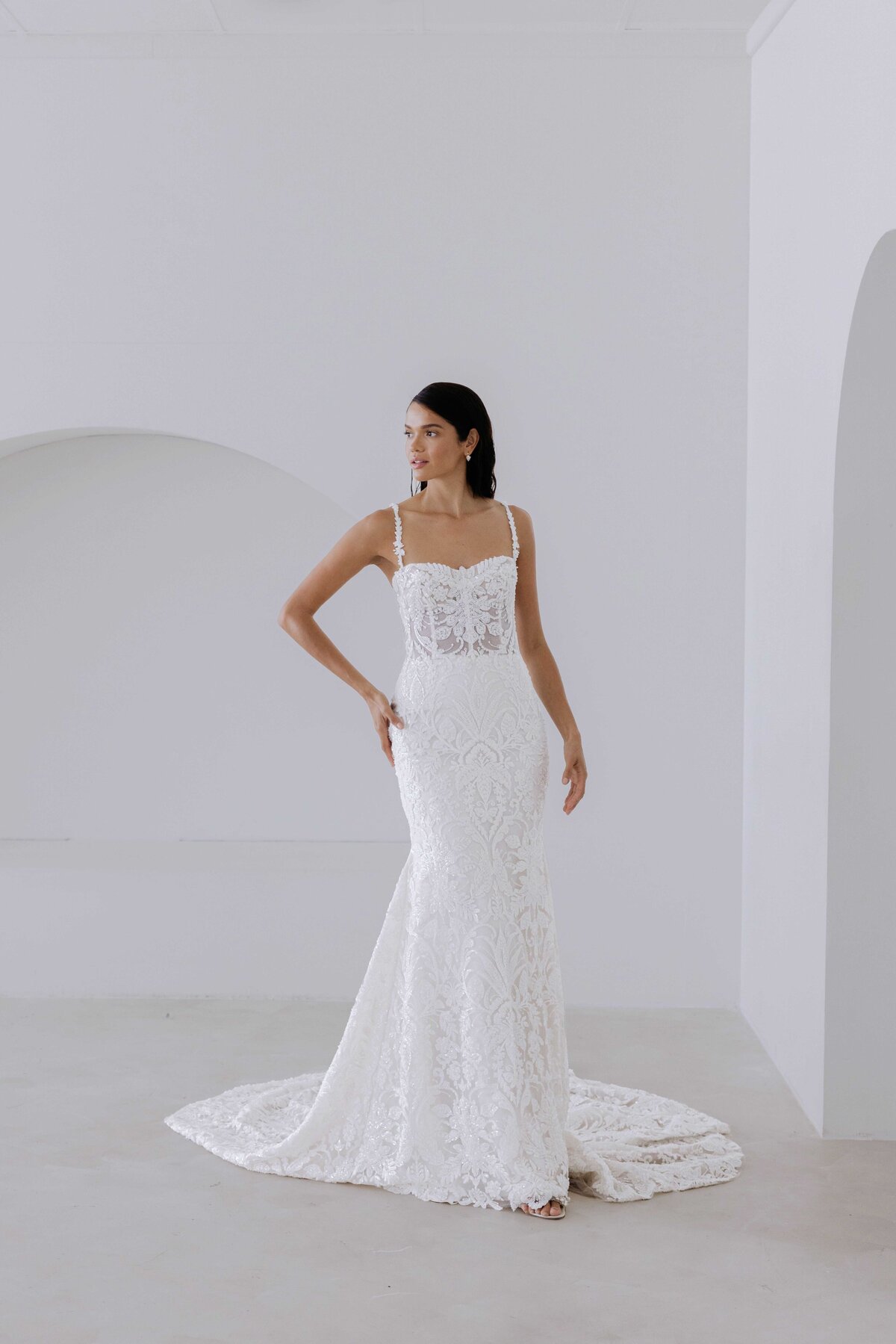 Square neck lace wedding gown