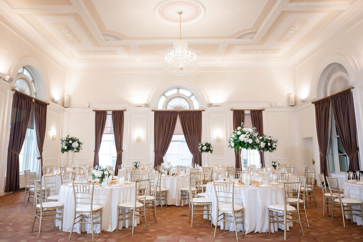 wedding ballroom wide angle photo of tables setup at university club