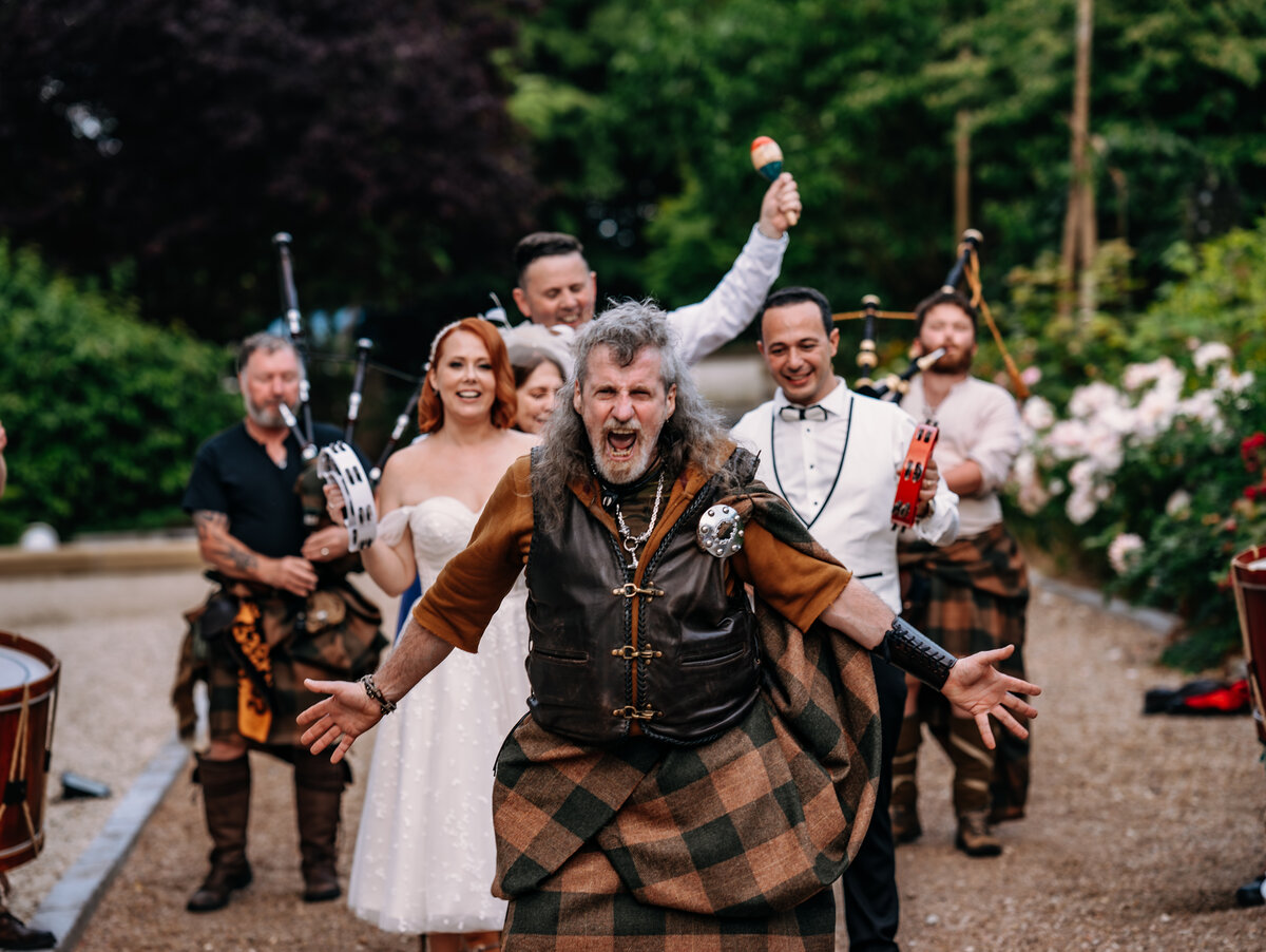 Scottish bagpipers on wedding day 