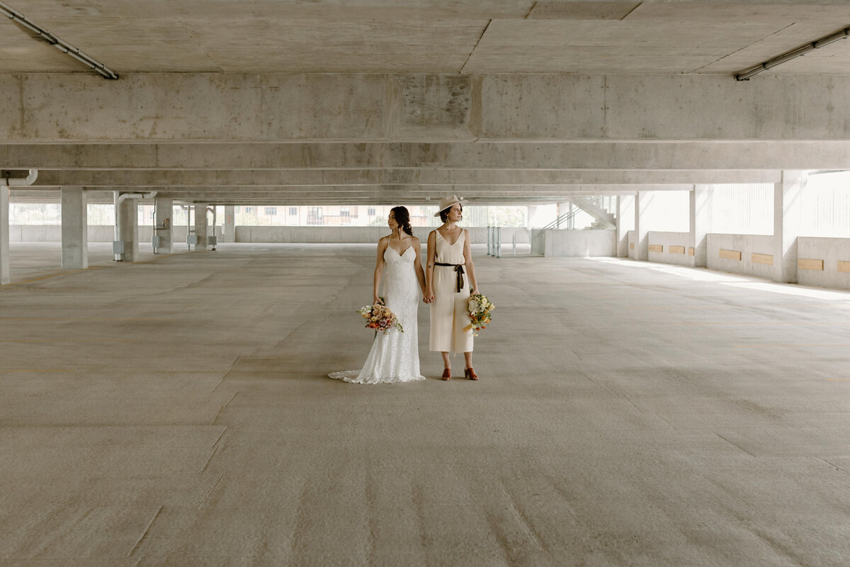 wedding couple in parking ramp