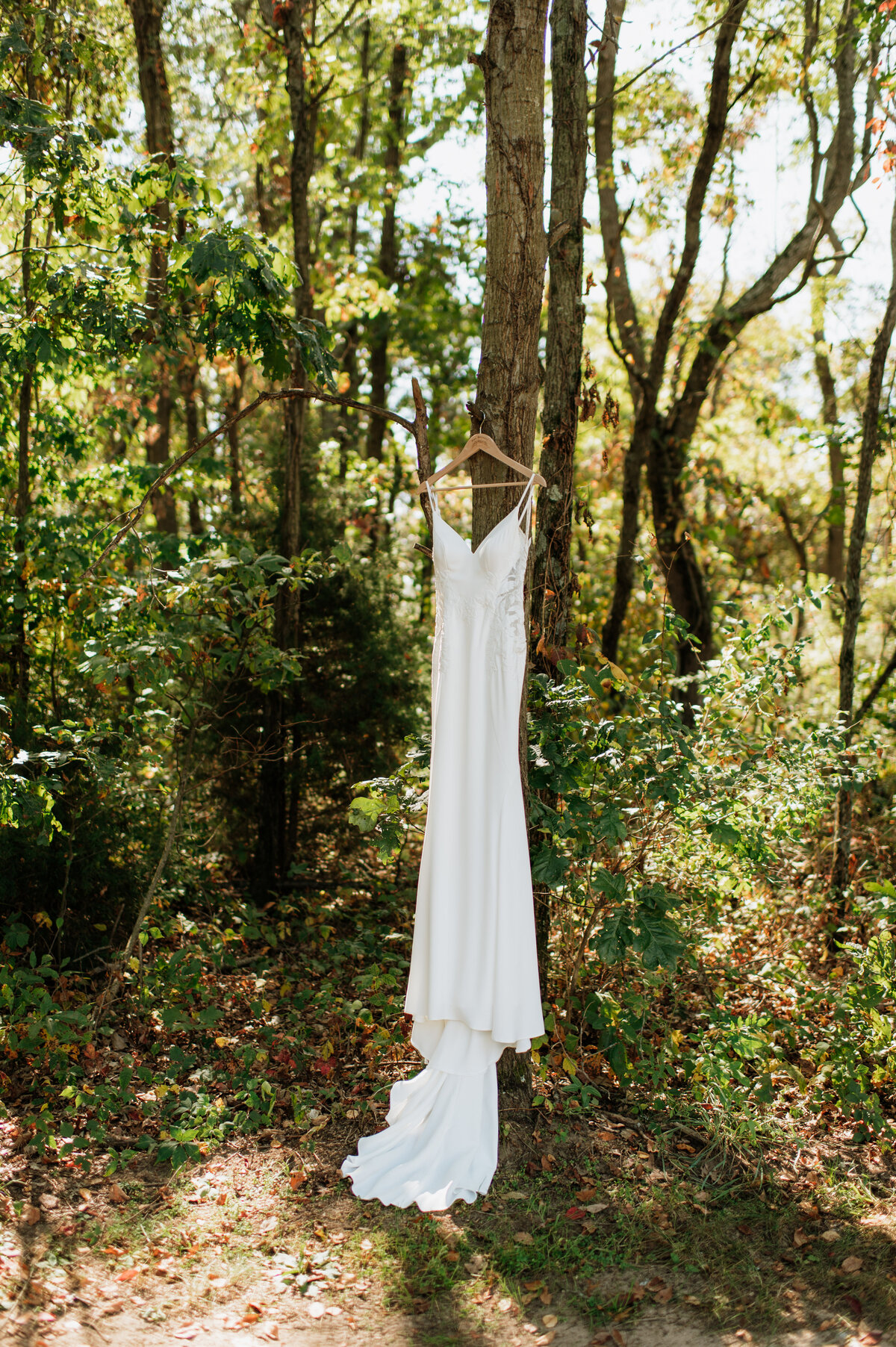 Bride standing alone in wooded ceremony space