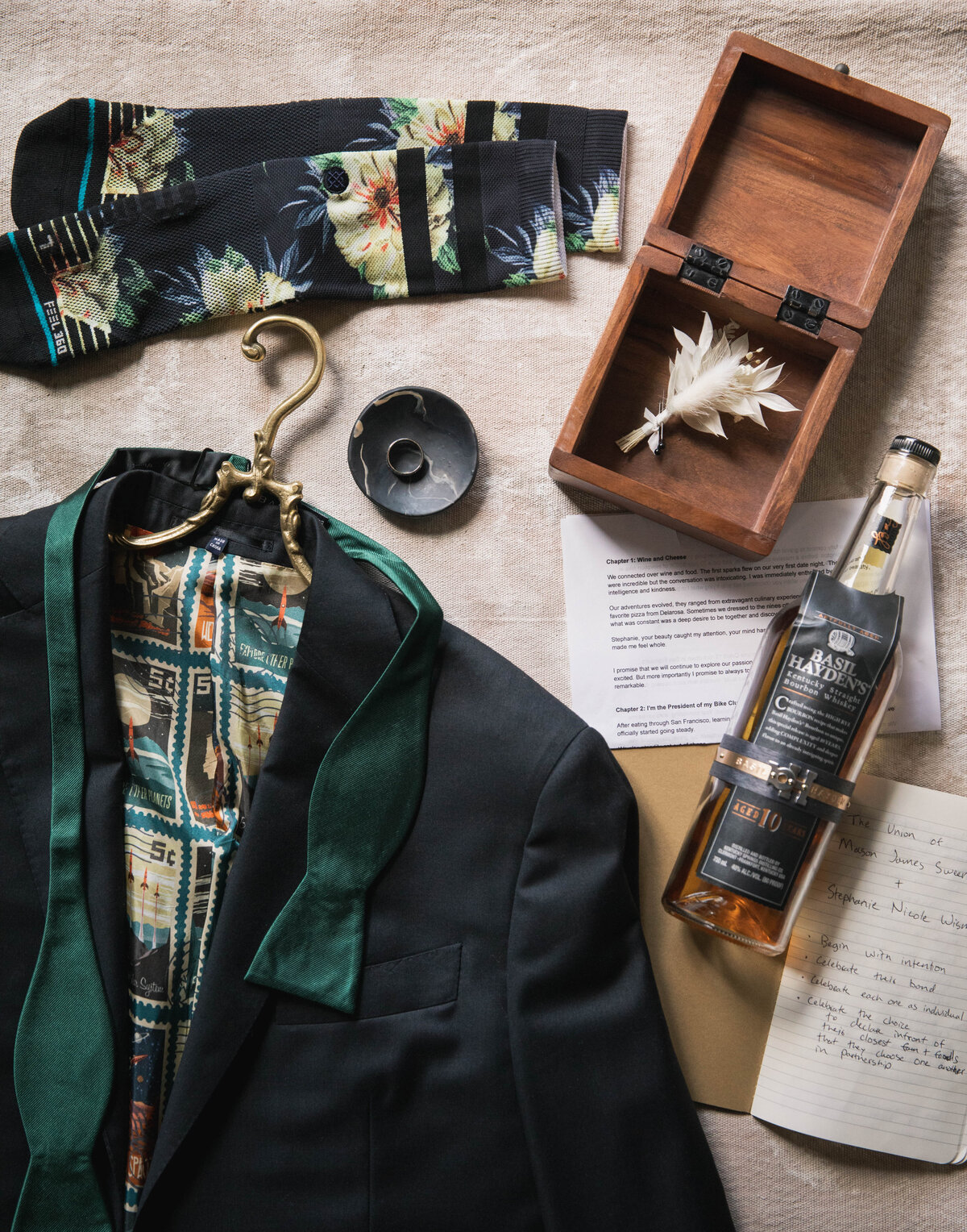 flatlay of suit and groom's items