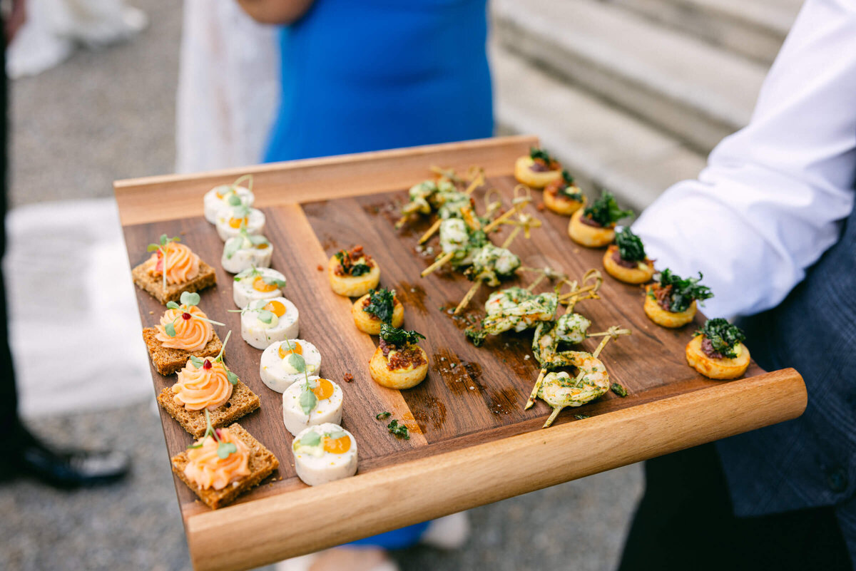 A wedding day photo of a server holding a plate of canapé at a wedding at Luttrellstown Castle