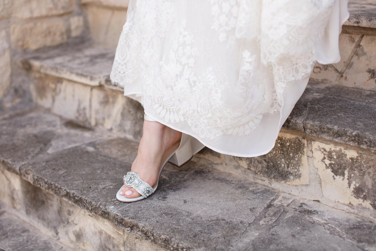 wedding photographer in Texas captures open toe shoe with jeweled detail on steps at Milestone New Braunfels