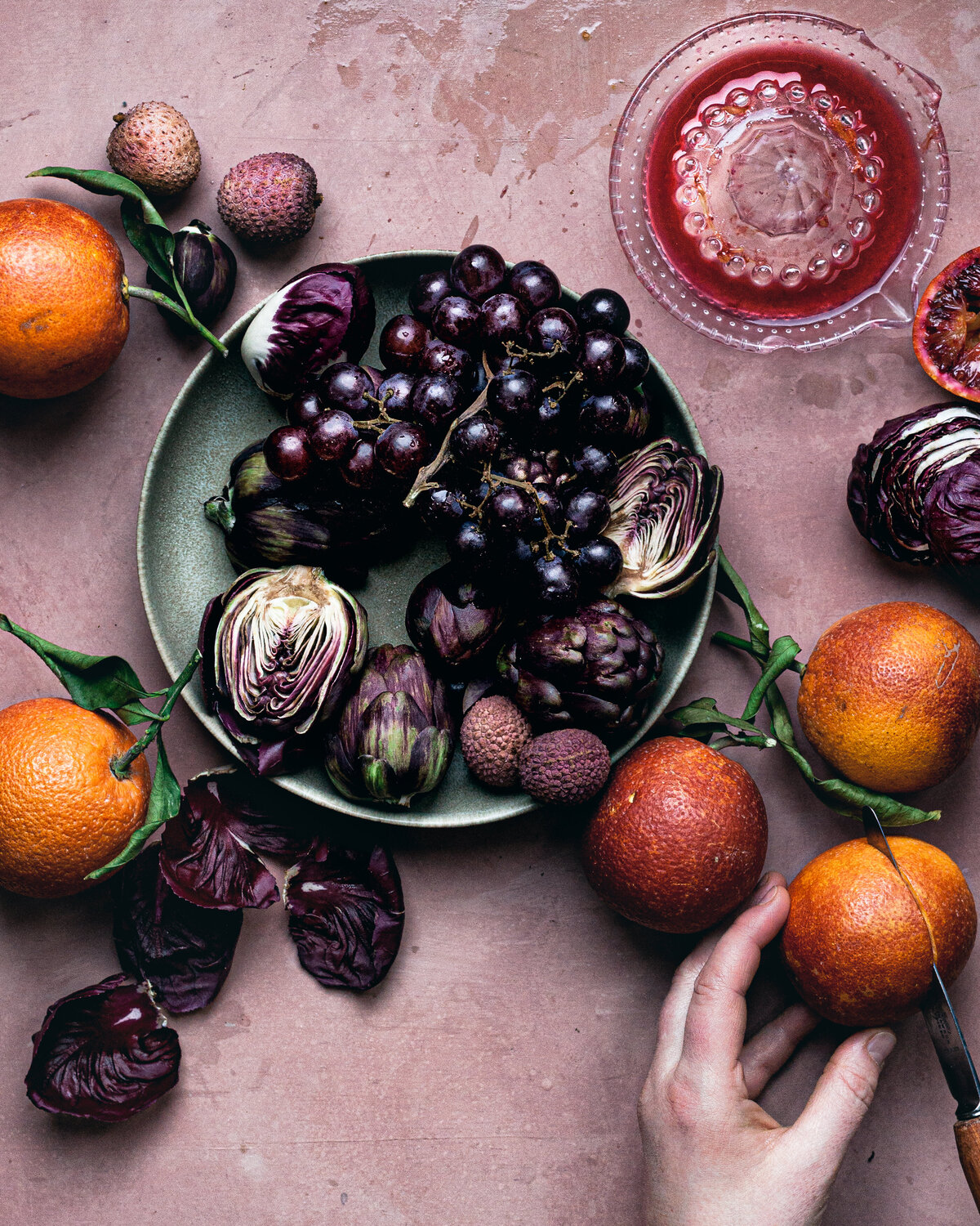 bloodoranges and artichokes backlight flatlay food photography