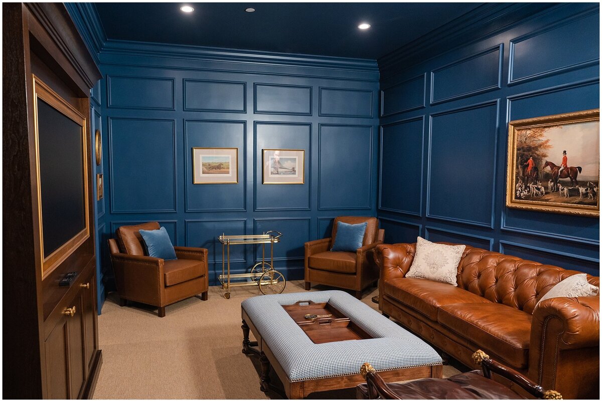 Wide view of the blue and brown leather grooms room