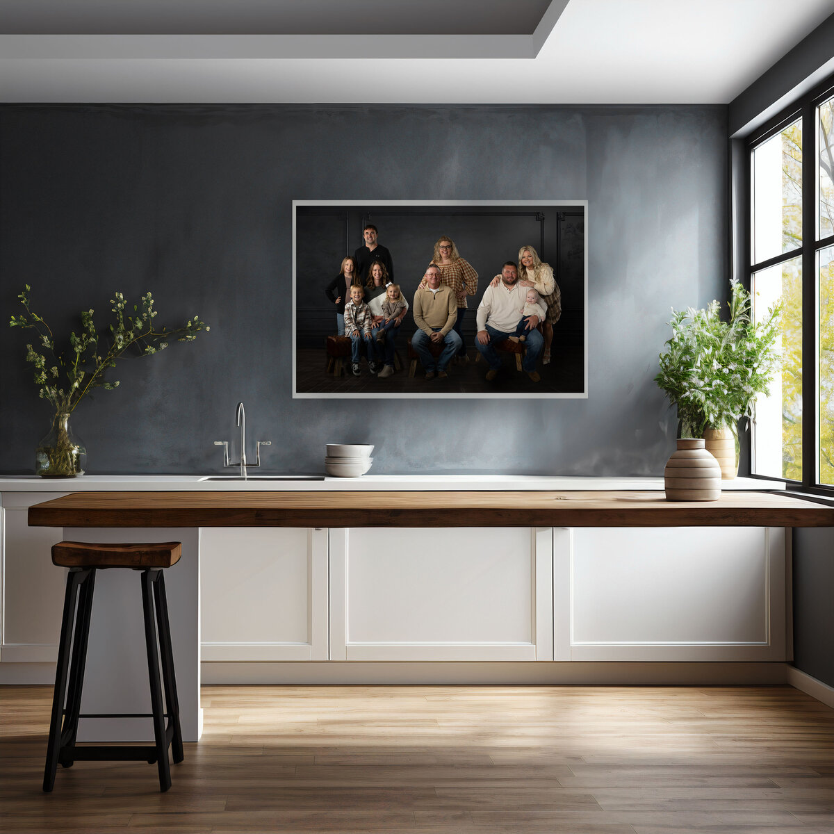 A large family photo is hung on a grey wall in a kitchen