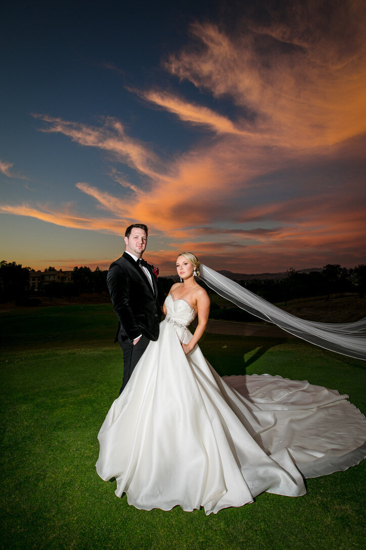 sunset, golf course, ballgown, veil , long wedding train, tux