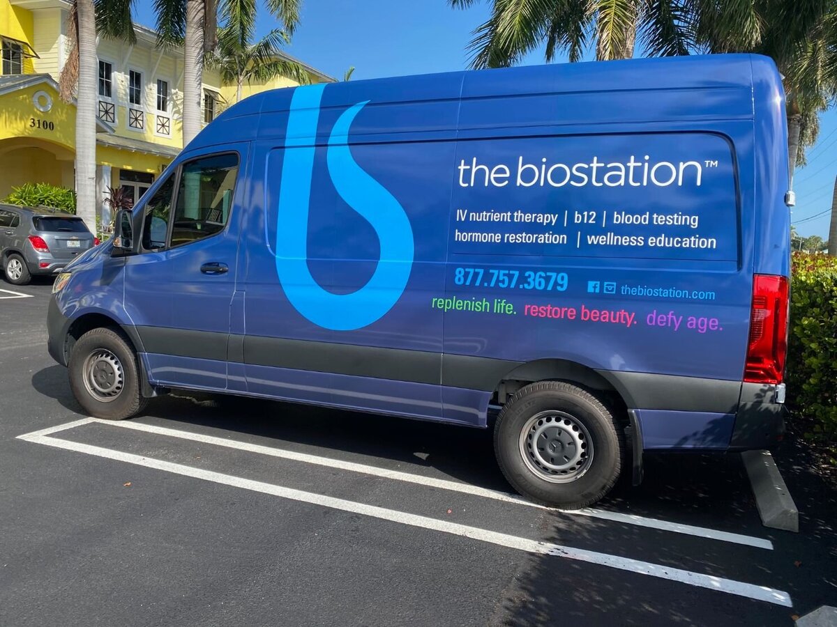 Blue van with branding