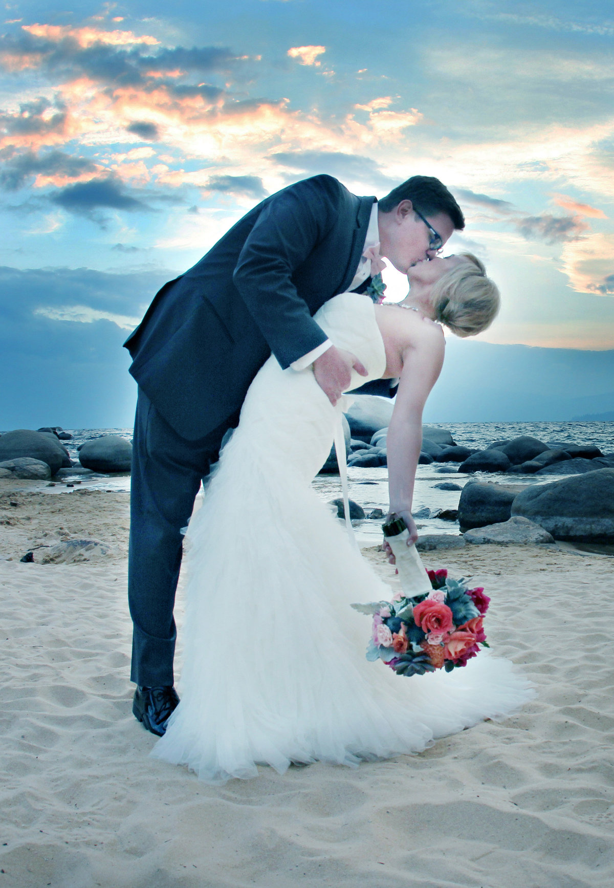 South shore Lake Tahoe Romantic bride and groom sunset