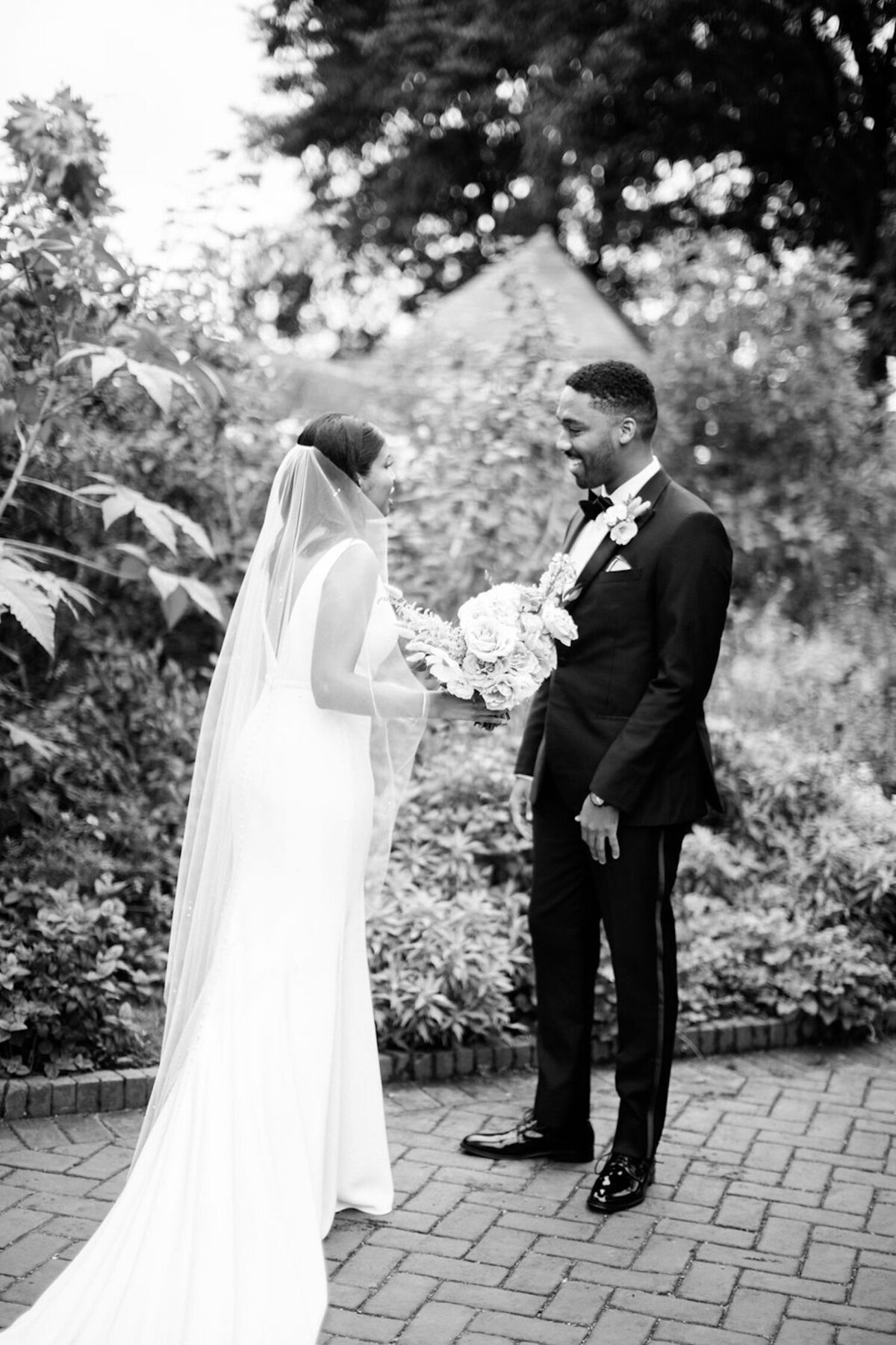 Black and White First Look Portrait at Luxury Chicago North Shore Outdoor Wedding Venue