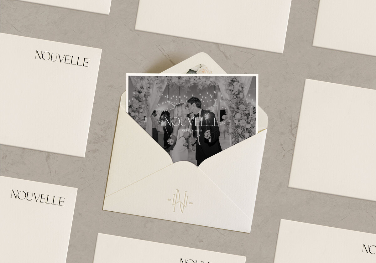 Embossed stationery and monochrome notecards for Nouvelle Weddings' refined brand identity