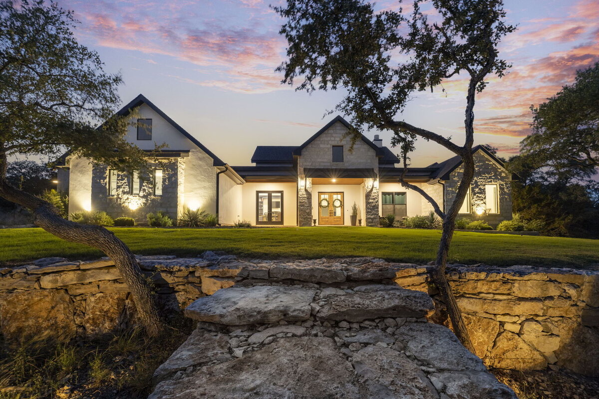 exterior lighting on limestone house in New Braunfels, Texas