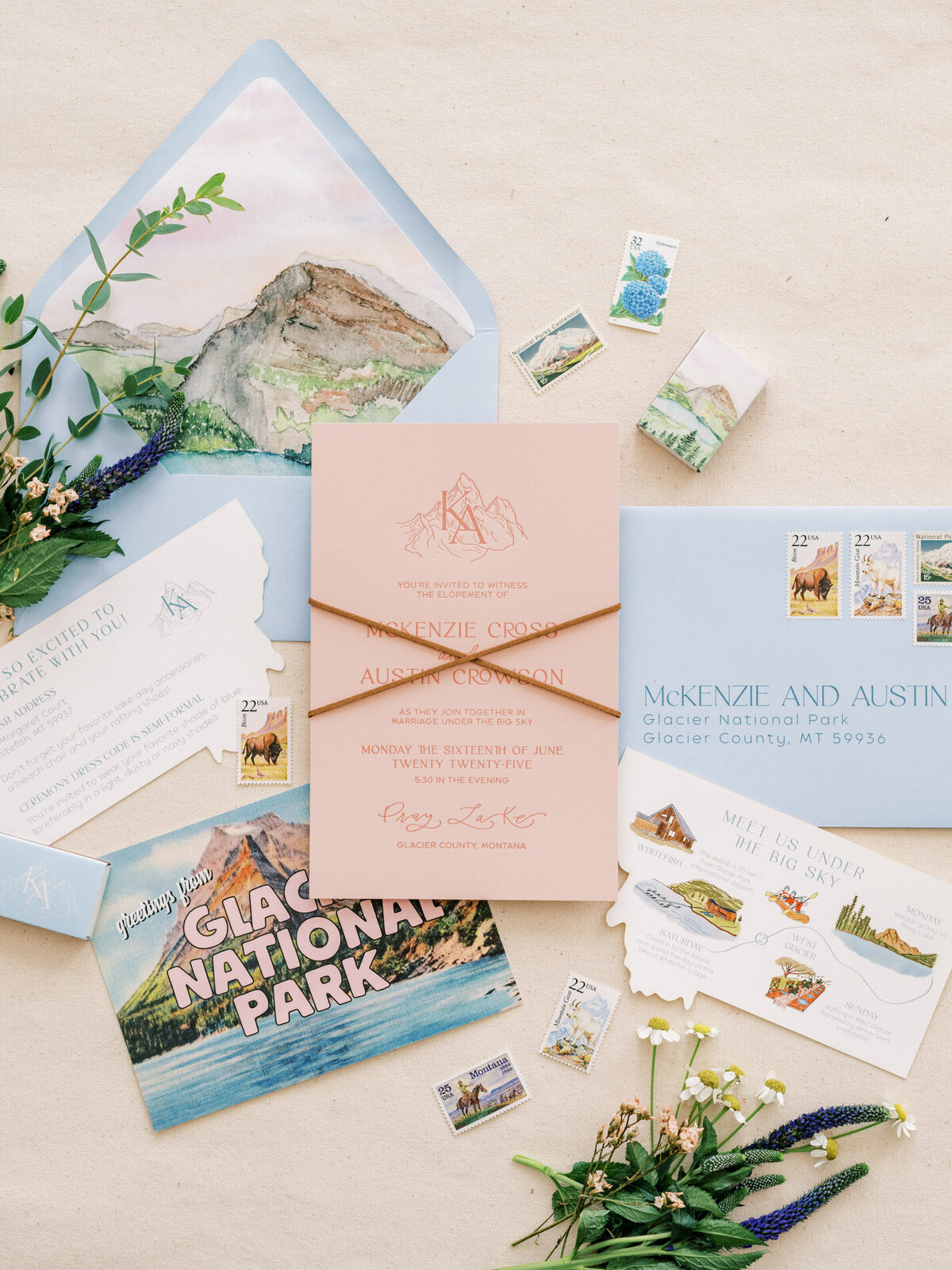 National park wedding invitation suite featuring mountain details, envelope, stamps and watercolor illustrations representing full service design and calligraphy by Life in Letters.
