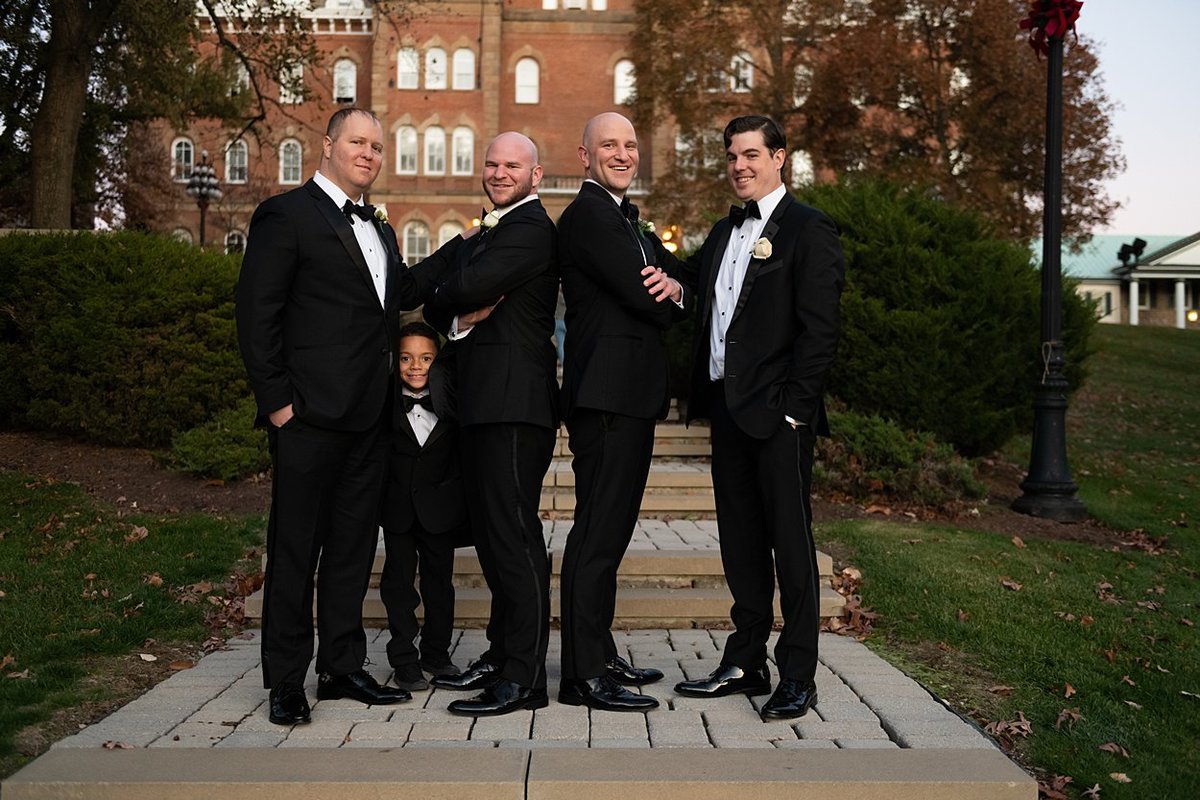 Groom, Groomsmen and Ring Bearer hamming it up for the camera on Washington and Jefferson University Campus in Beaver, PA