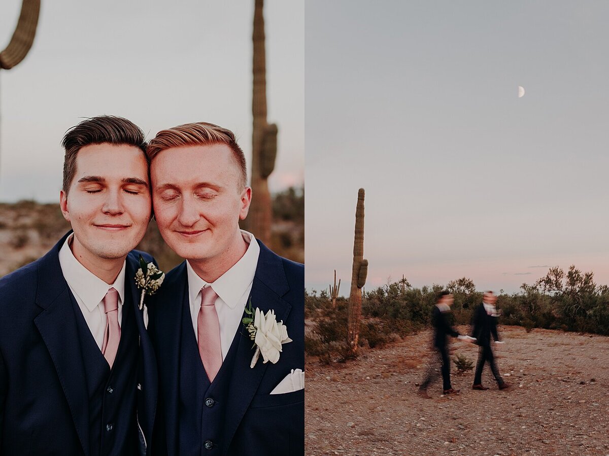 Two grooms walk through the desert at The Willow Wedding venue