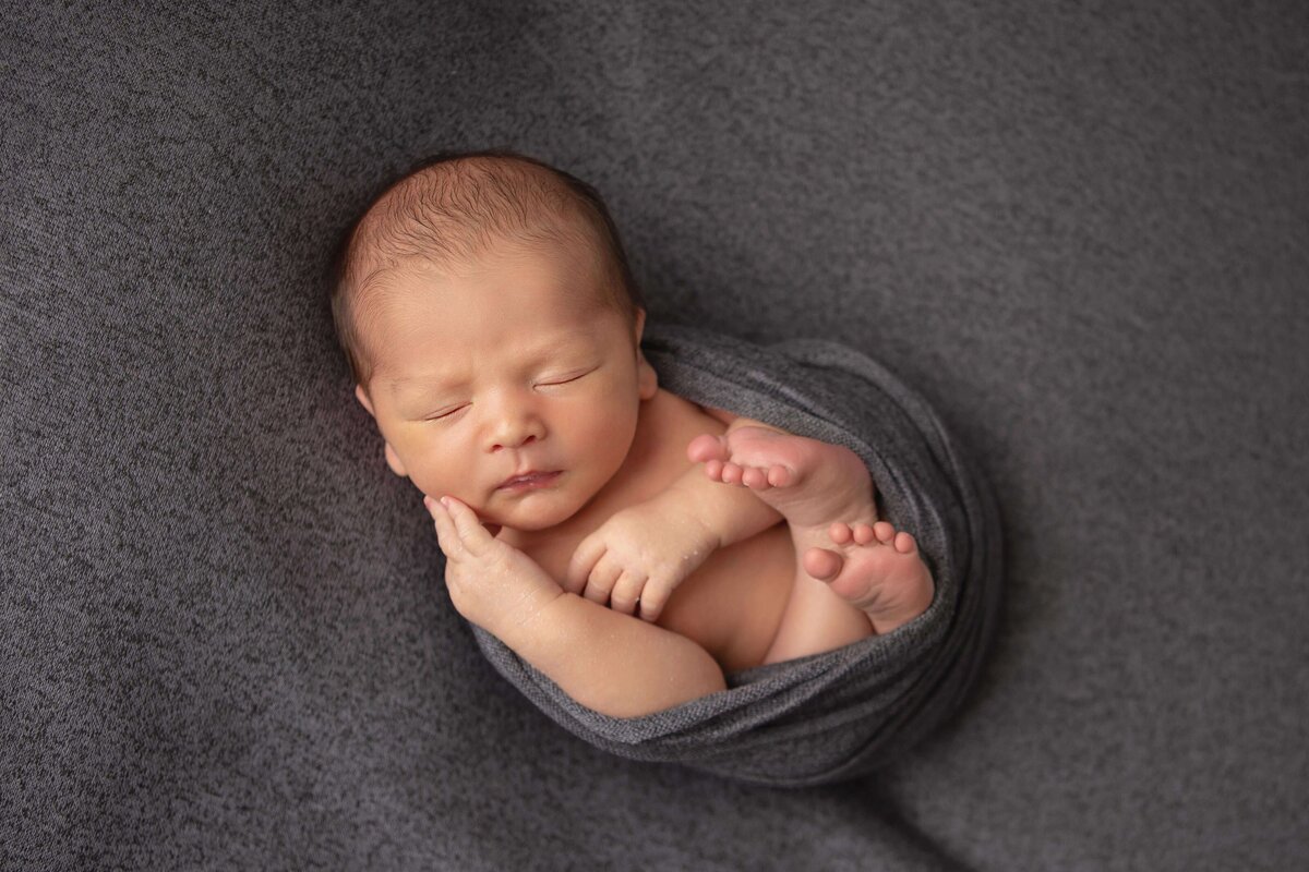Newborn baby curled up in photoshoot with LA newborn photographer