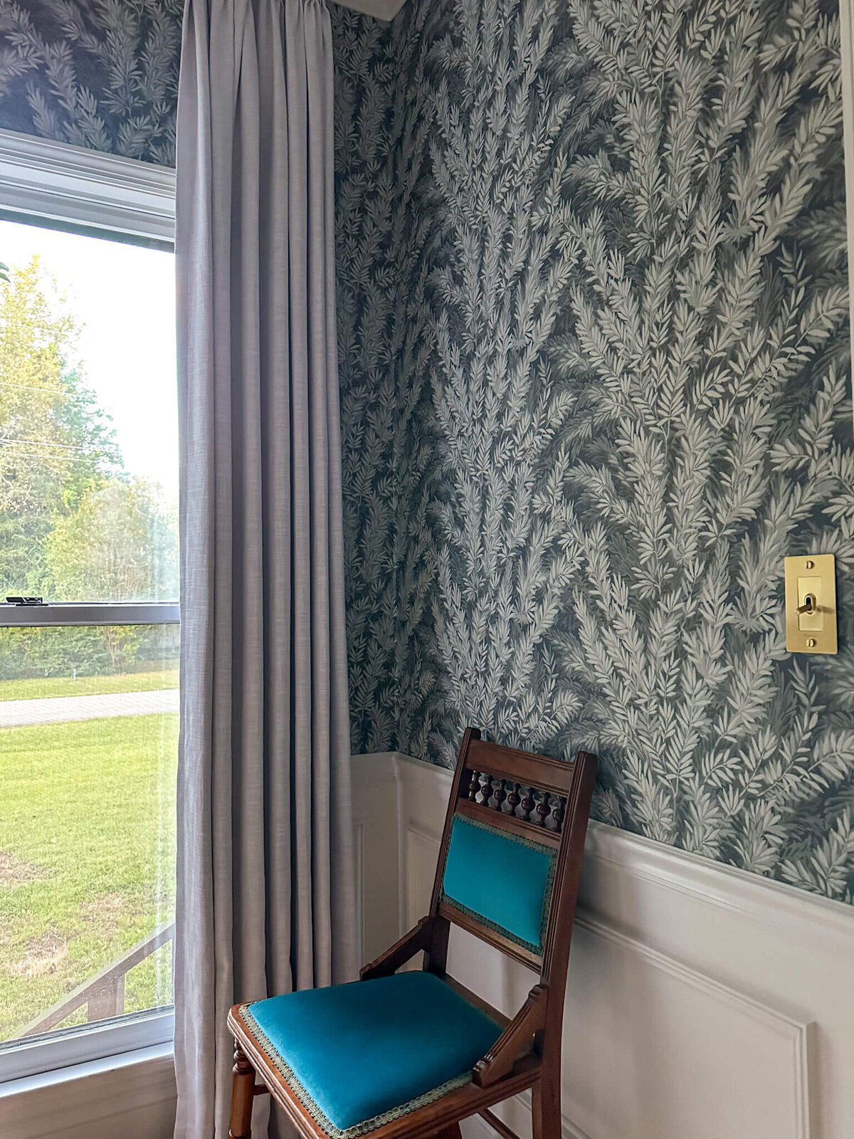 vintage-brass-light-switch-wallpaper-pinch-pleat-curtains-vintage-chair