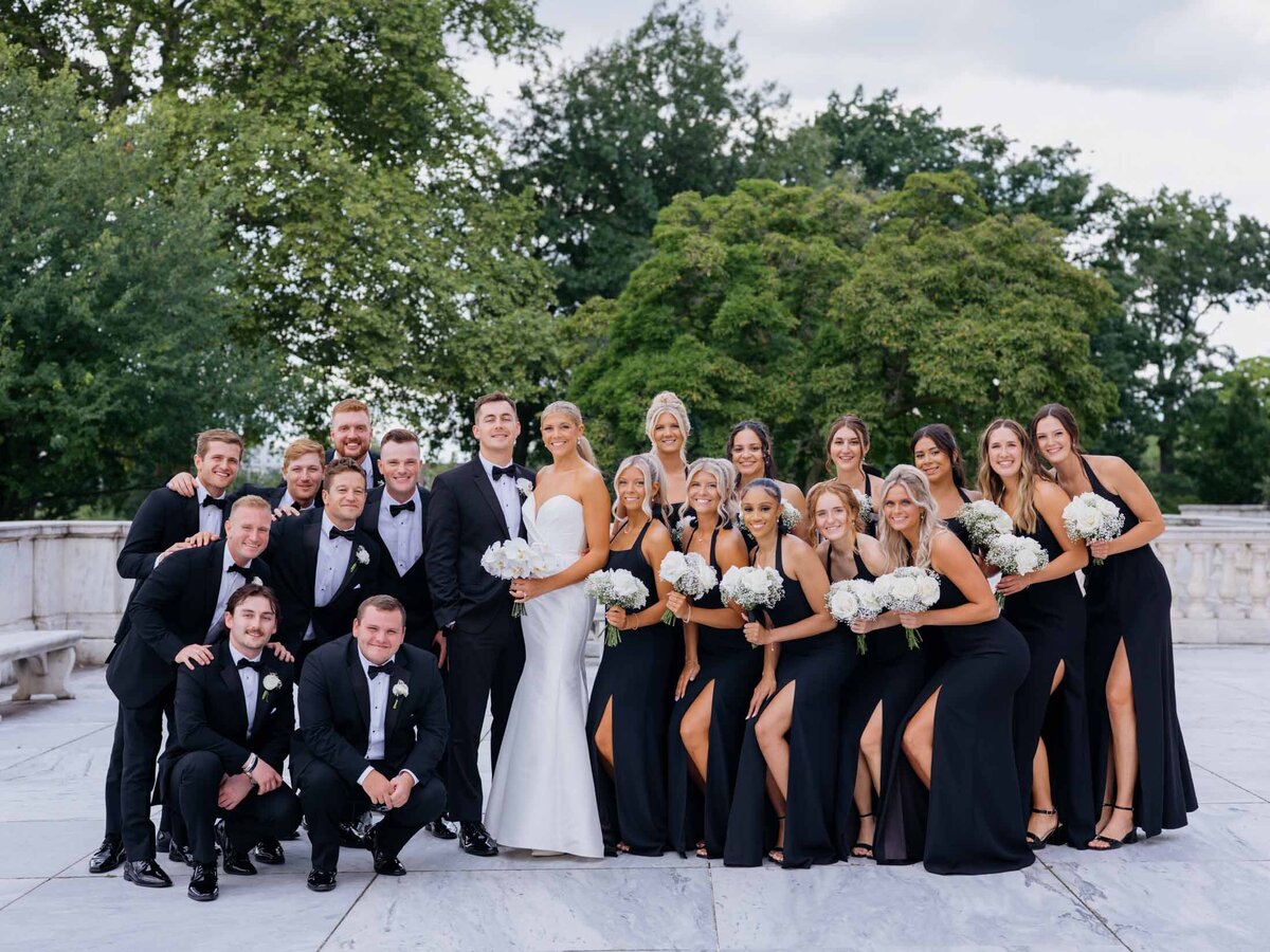 Bridal party in black and white for a timeliness Windows on the River Wedding