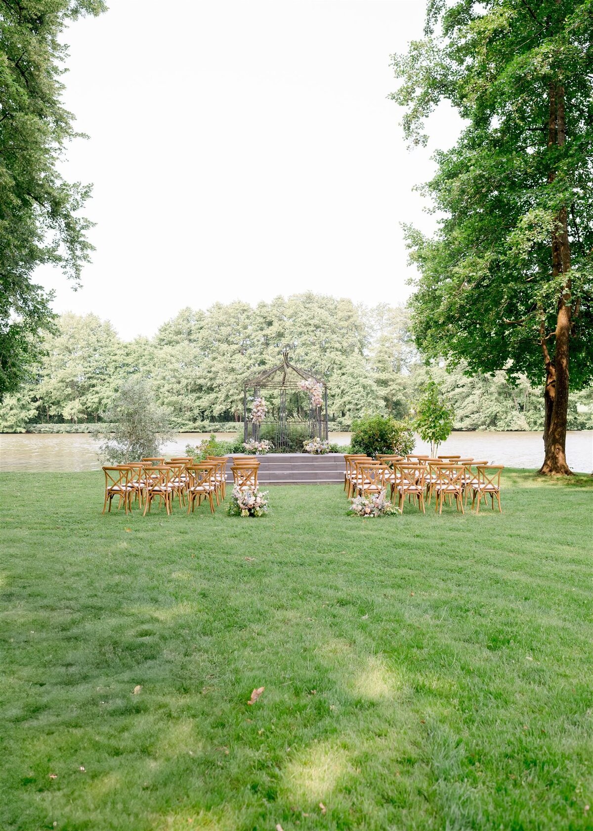 wedding ceremony set up at chateau allure du lac. 