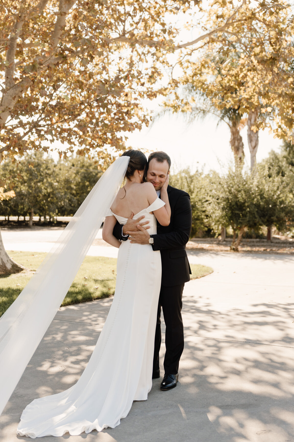 bride and groom hugging