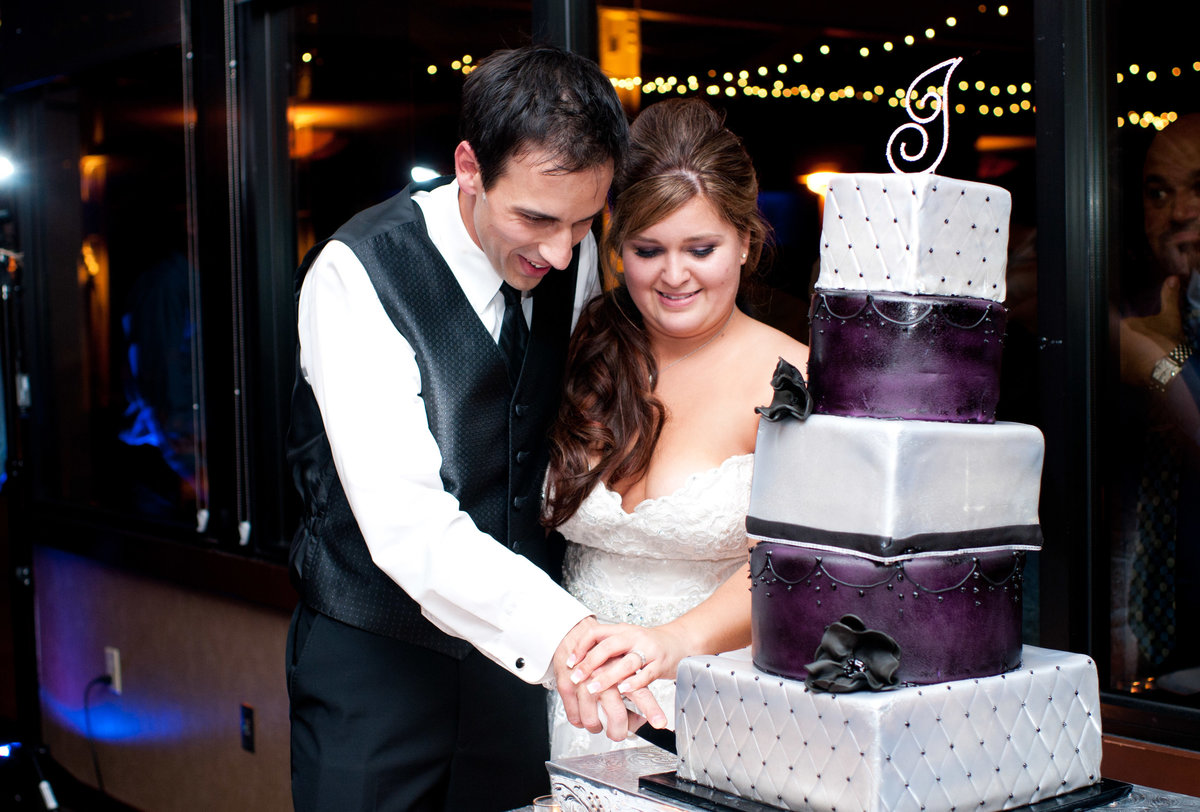 Wedding reception lighting for indoor wedding. Purple silver inspired wedding cake for the modern couple.